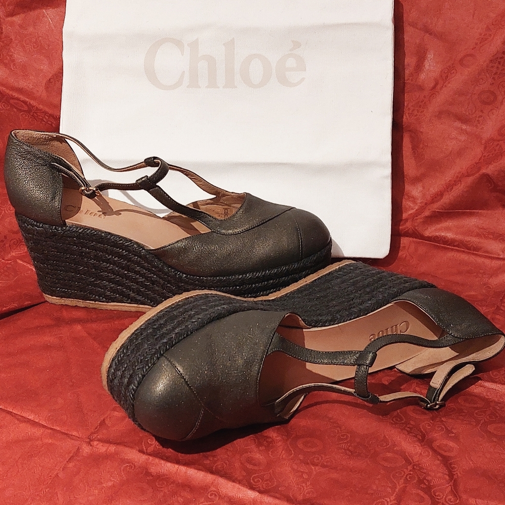 Vintage Chloé espadrille platform t-strap in metallic black, size EU41, NWT